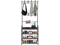 Entryway Coat Rack Hall Tree with 4-tier Storage Shelf and 8 removable Hooks Easy Assemble Coat Shoe Rack Composed of Quality Alloy Tubes and Non-Woven FabricBlack - BCCNQN05Q