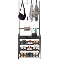 Entryway Coat Rack Hall Tree with 4-tier Storage Shelf and 8 removable Hooks Easy Assemble Coat Shoe Rack Composed of Quality Alloy Tubes and Non-Woven FabricBlack - BCCNQN05Q