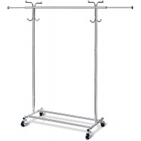 HOUSE AGAIN Adjustable 2-in-1 Heavy Duty Garment Rack & Coat Rack Rolling Clothes Rack with Lockable Wheels Strong Clothing Rack for Hanging Clothes Commercial Grade Freestanding Chrome - BJOLZI0E6