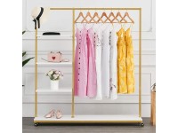 Rolling Gold Clothing Racks on Wheels with Metal Pipes Modern Floor Standing Clothes Display Racks Hanging Clothes 4-Tier Garment Rack with Wood Shelves for Bedroom Living Room Cloth Store 59" - BQJBD1BIC