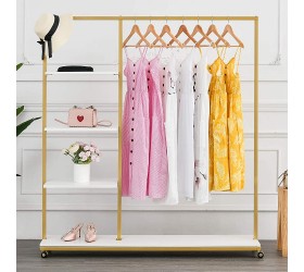 Rolling Gold Clothing Racks on Wheels with Metal Pipes Modern Floor Standing Clothes Display Racks Hanging Clothes 4-Tier Garment Rack with Wood Shelves for Bedroom Living Room Cloth Store 59 - BQJBD1BIC