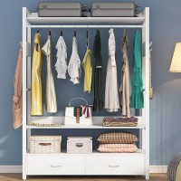 Tribesigns Freestanding Clothes Rack Shelves Closet Organizer with Shelves Drawers and Hooks Heavy Duty Garment Clothing Wardrobe Storage Shelving with Hanging Rod White - BK4U024R0