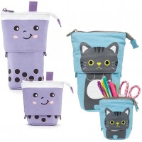 2 Pack Standing Boba Pencil Pouch & Sliding Anime Pencil Case with Zipper Washable Canvas Pen Holder for Stationary School Supplies Makeup Media Storage for Girls Students Adults & Great Gifts - BOQW4VBTG