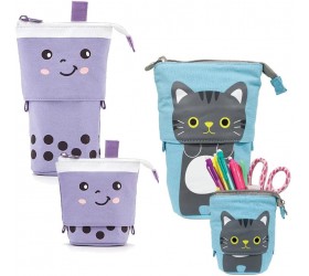 2 Pack Standing Boba Pencil Pouch & Sliding Anime Pencil Case with Zipper Washable Canvas Pen Holder for Stationary School Supplies Makeup Media Storage for Girls Students Adults & Great Gifts - BOQW4VBTG