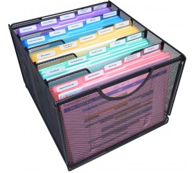 Ultimate Office Portable File Box Desktop Organizer Heavy-Duty Wire Mesh Steel-Reinforced Handles comes Complete with 4 Removable Dividers and a set of 25 5th-cut PocketFiles - BBTC9YL7M