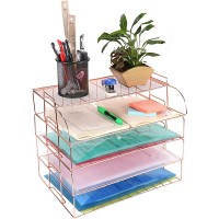 AutoTime 4 Tier Office Organizer Rose Gold Desk Organizers and Accessories Stackable Paper Letter Tray Organizer for School Home Office Desk - B3S3IB5OK