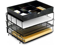 CAXXA 3 Trays Stackable Mesh Letter Tray Desk File Organizer Desktop Paper Tray Holder with Drawer Black - BNMX0P7RA