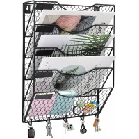COSYAWN 5 Tier Wall File Holder with Hook Hanging Mail Organizer Metal Chicken Wire Wall Mount Magazine Rack Black - BKOTP1JHE