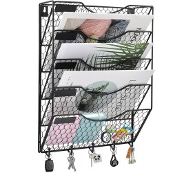 COSYAWN 5 Tier Wall File Holder with Hook Hanging Mail Organizer Metal Chicken Wire Wall Mount Magazine Rack Black - BKOTP1JHE