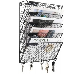 PAG Hanging Wall File Holder Mail Organizer Metal Chicken Wire Document Rack with 5 Hooks 5-Tier Black - BXC153YGB